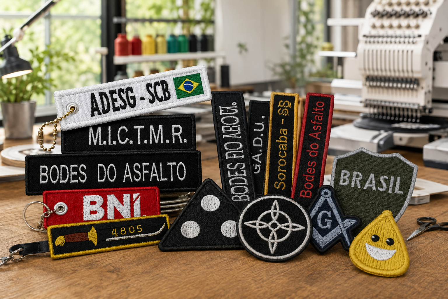 Coleção de patches, tags e chaveiros bordados da Kreka Patches sobre bancada de madeira